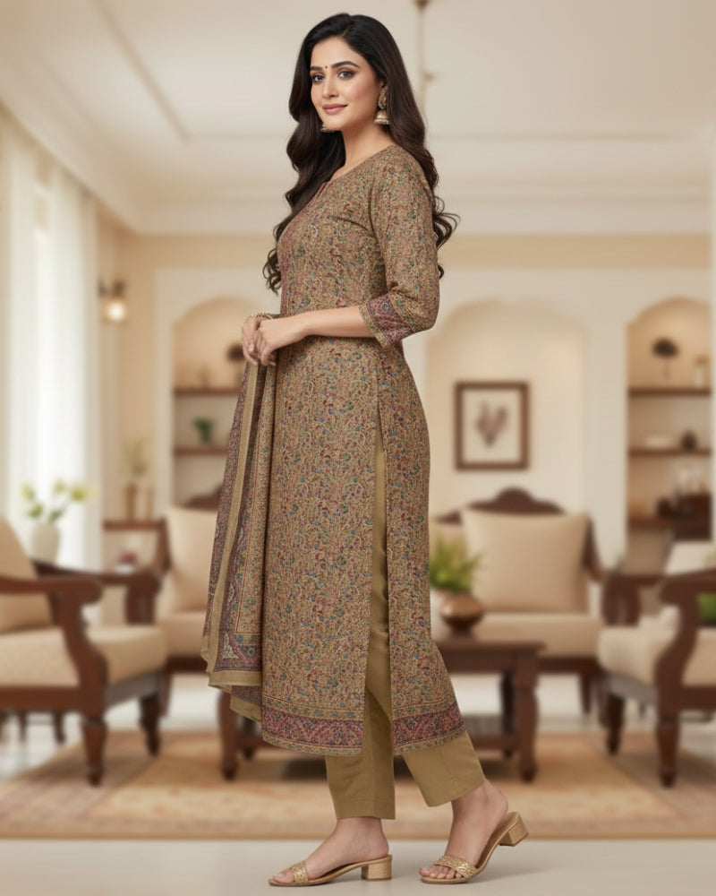Paisley Printed Unstitched Suit Set with Thread Embroidery- Beige