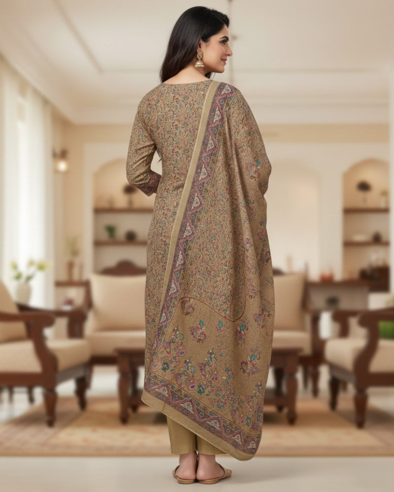 Paisley Printed Unstitched Suit Set with Thread Embroidery- Beige