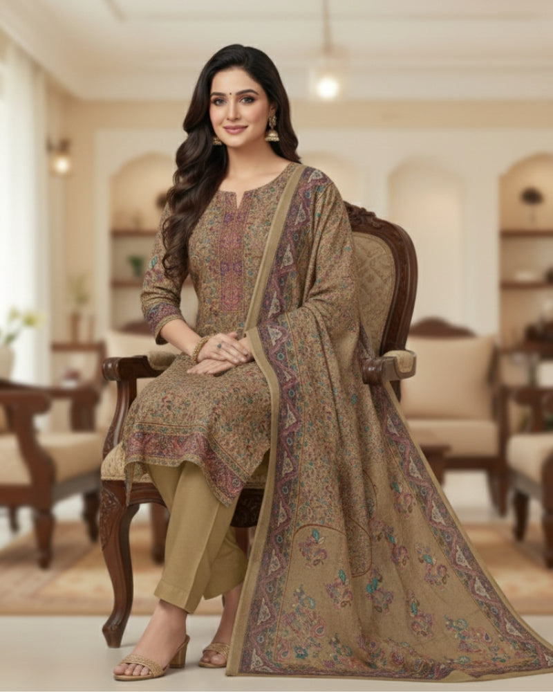 Paisley Printed Unstitched Suit Set with Thread Embroidery- Beige