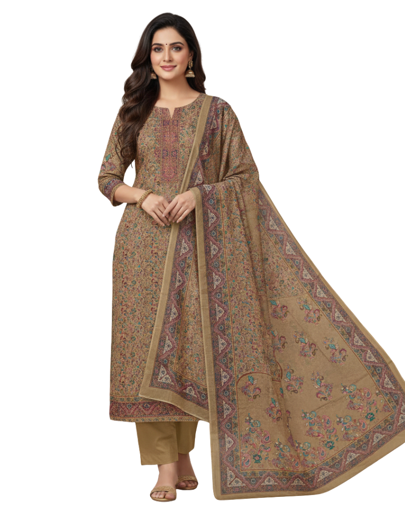 Paisley Printed Unstitched Suit Set with Thread Embroidery- Beige