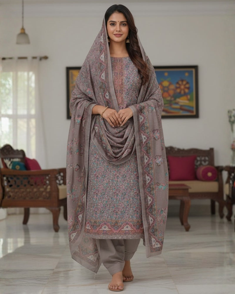 Paisley Printed Suit with Thread Embroidery- Mouse