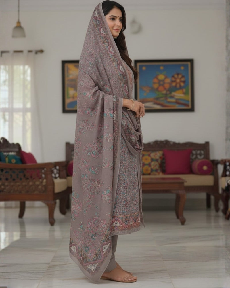 Paisley Printed Suit with Thread Embroidery- Mouse