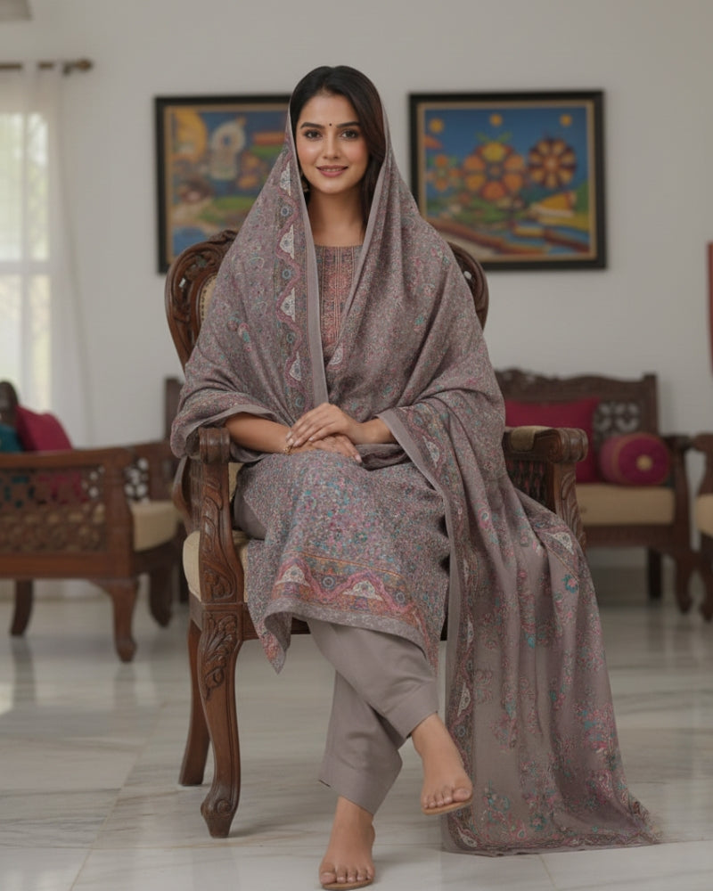 Paisley Printed Suit with Thread Embroidery- Mouse