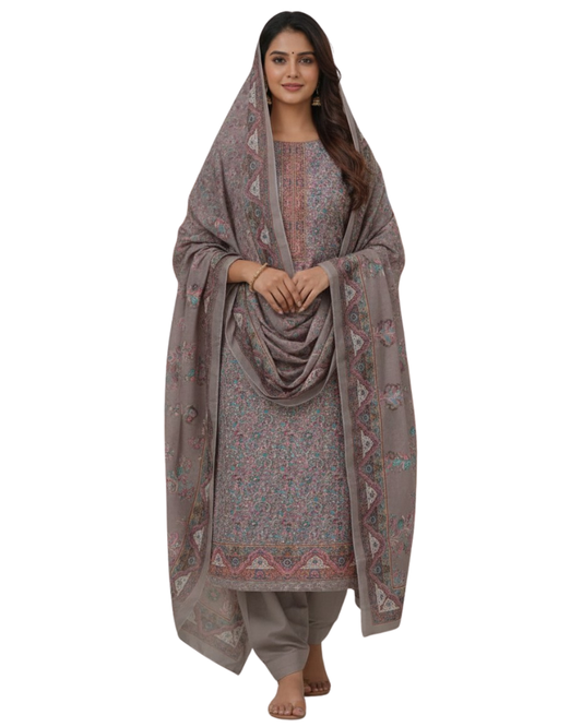 Paisley Printed Suit with Thread Embroidery- Mouse