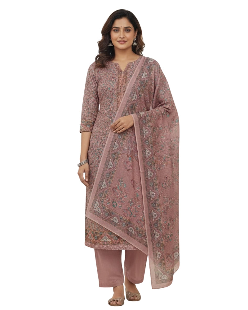 Paisley Printed Suit with Thread Embroidery- Pink