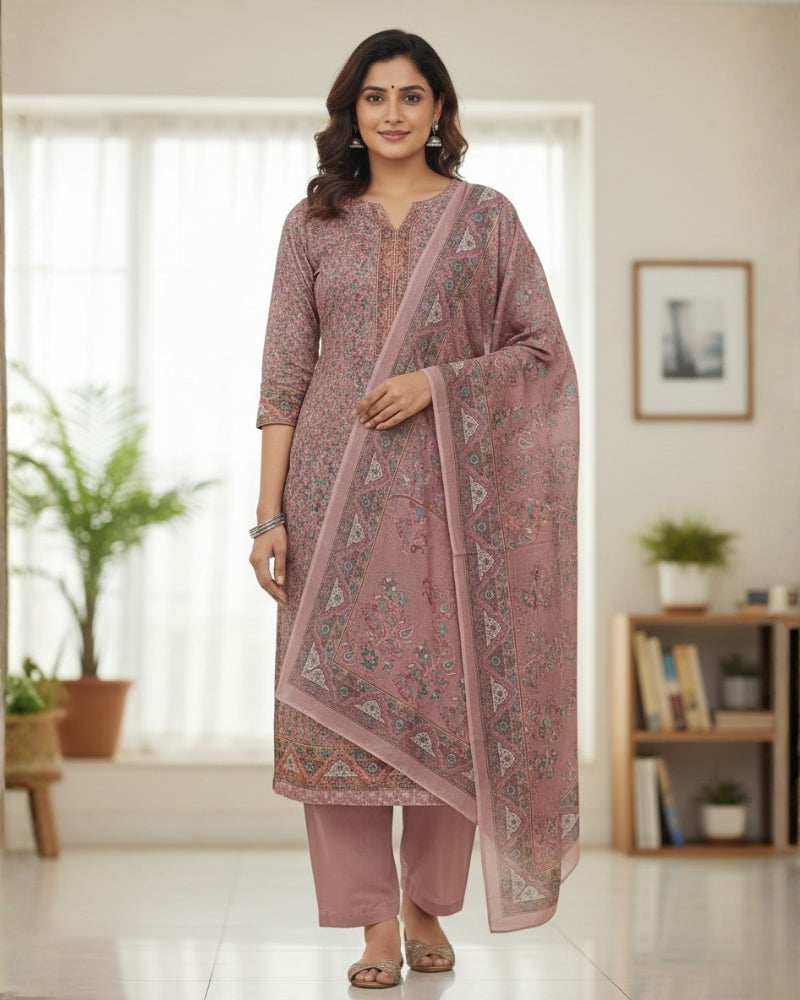 Paisley Printed Suit with Thread Embroidery- Pink