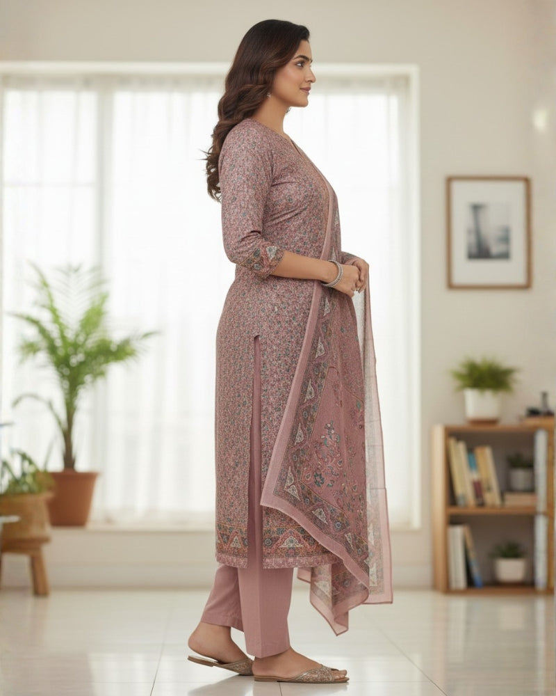 Paisley Printed Suit with Thread Embroidery- Pink