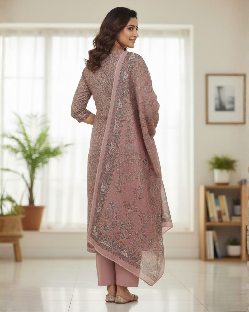 Paisley Printed Suit with Thread Embroidery- Pink