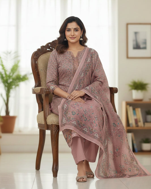 Paisley Printed Suit with Thread Embroidery- Pink