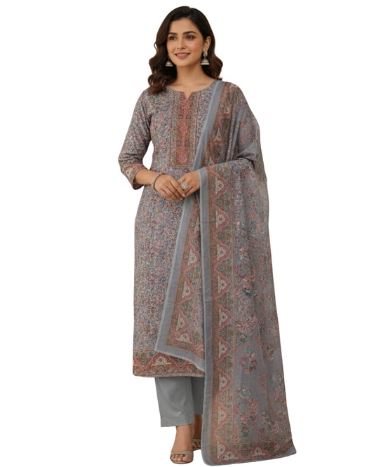Paisley Printed Suit with Thread Embroidery- Purple