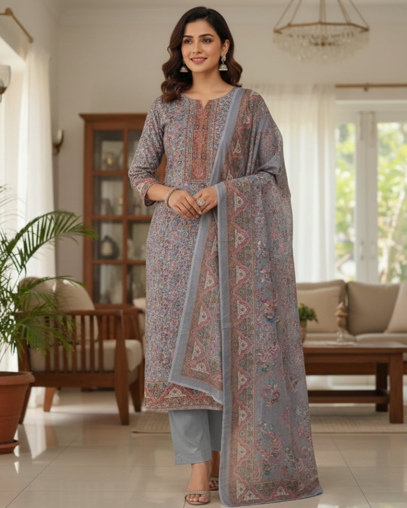 Paisley Printed Suit with Thread Embroidery- Purple
