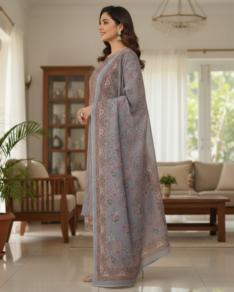 Paisley Printed Suit with Thread Embroidery- Purple