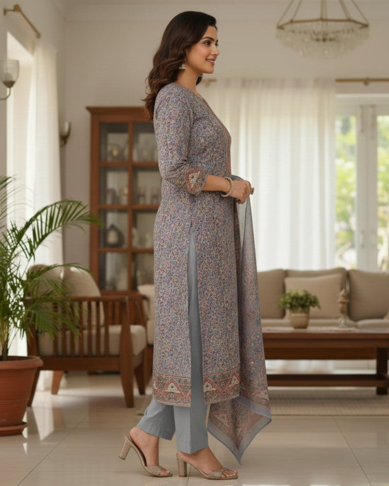 Paisley Printed Suit with Thread Embroidery- Purple