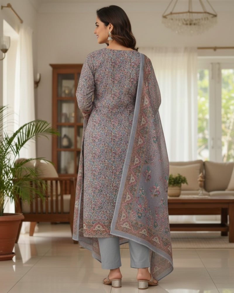 Paisley Printed Suit with Thread Embroidery- Purple