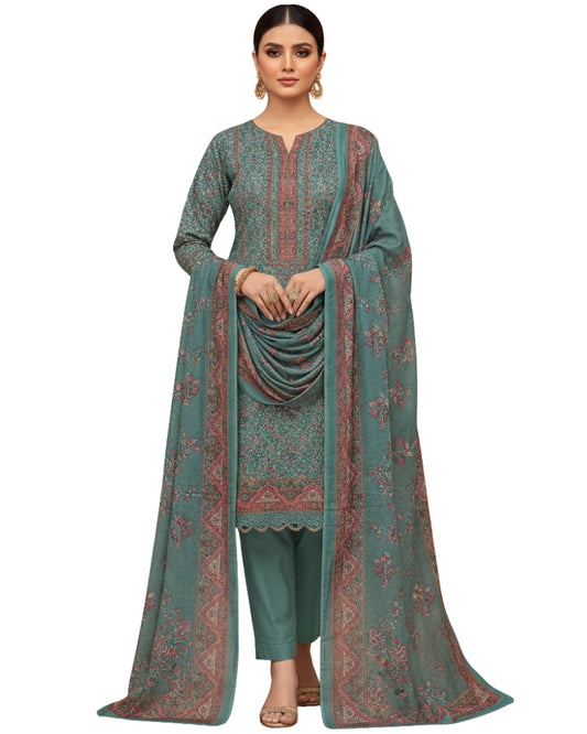 Paisley Printed Suit with Thread Embroidery- Sea Green