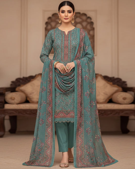 Paisley Printed Suit with Thread Embroidery- Sea Green