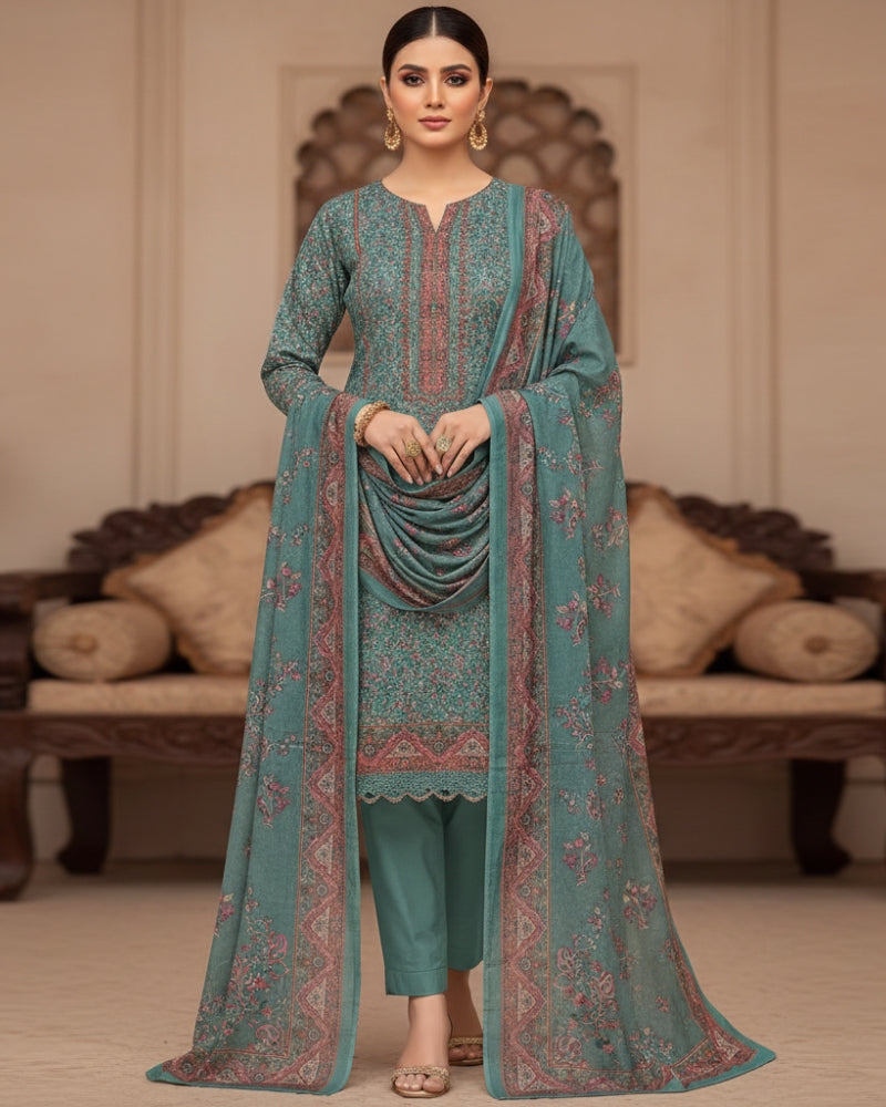 Paisley Printed Suit with Thread Embroidery- Sea Green