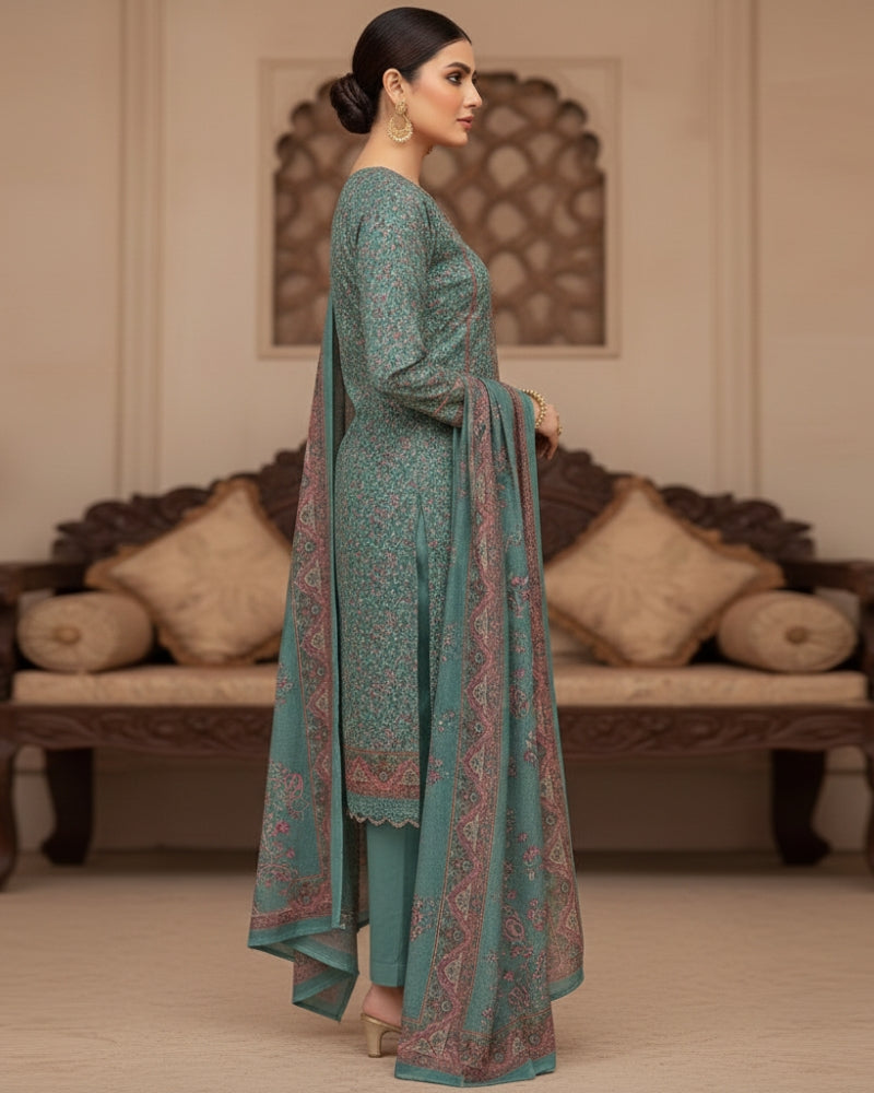 Paisley Printed Suit with Thread Embroidery- Sea Green
