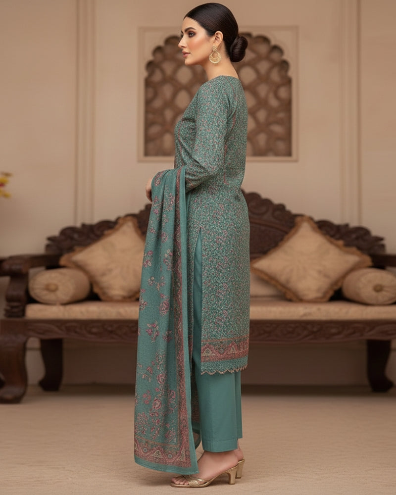 Paisley Printed Suit with Thread Embroidery- Sea Green