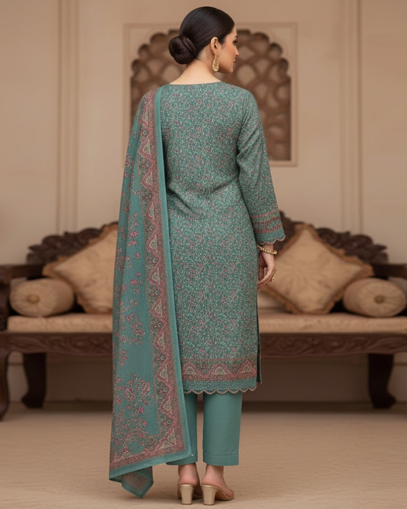 Paisley Printed Suit with Thread Embroidery- Sea Green