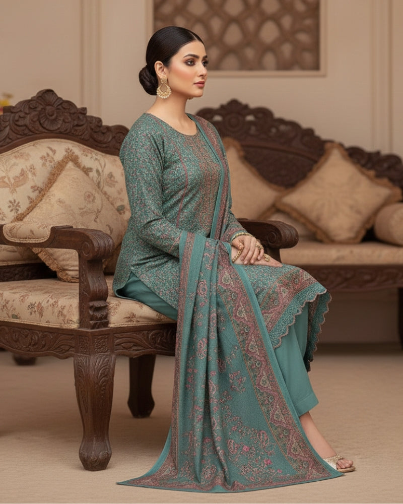 Paisley Printed Suit with Thread Embroidery- Sea Green