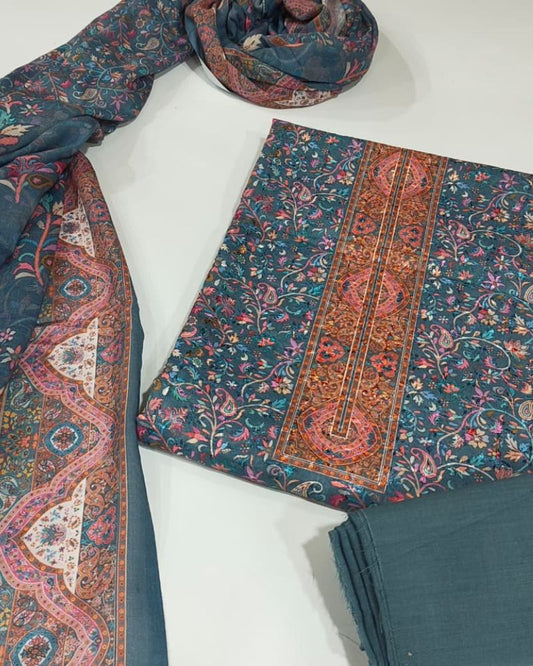 Paisley Printed Suit with Thread Embroidery- Grey