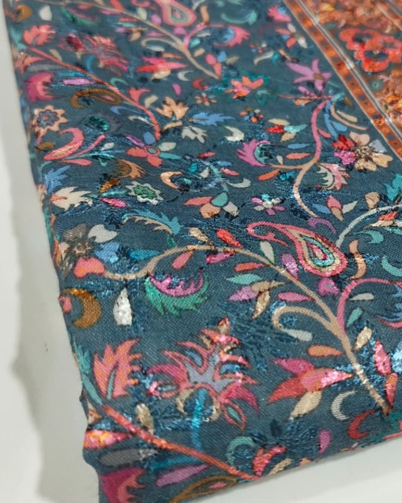 Paisley Printed Suit with Thread Embroidery- Grey