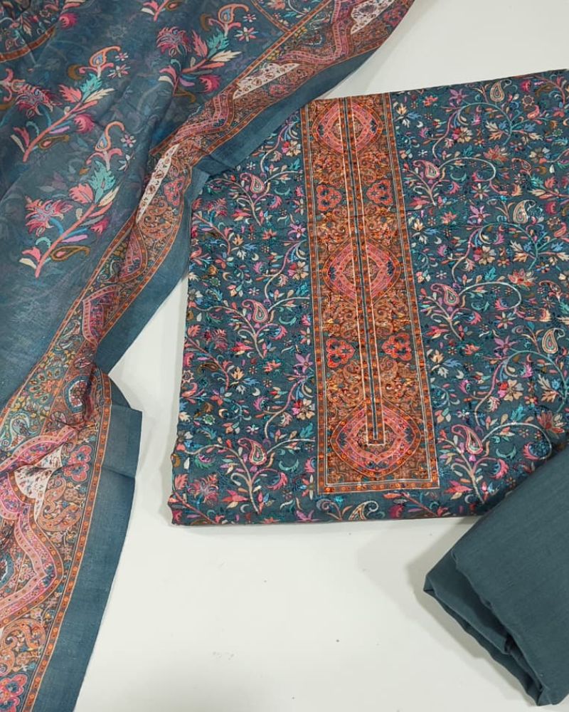 Paisley Printed Suit with Thread Embroidery- Grey