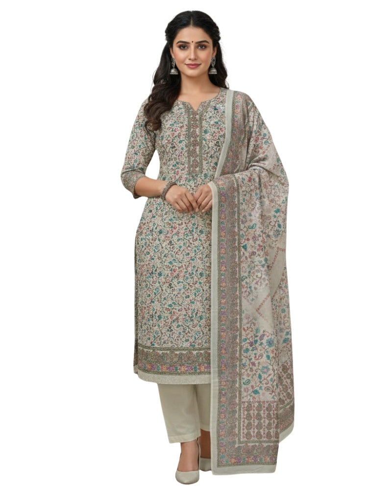 Paisley Printed Unstitched Suit with Thread Embroidery- Cream II