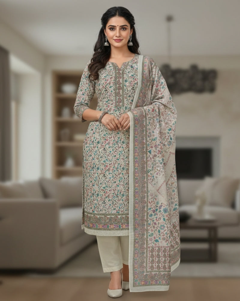 Paisley Printed Unstitched Suit with Thread Embroidery- Cream II