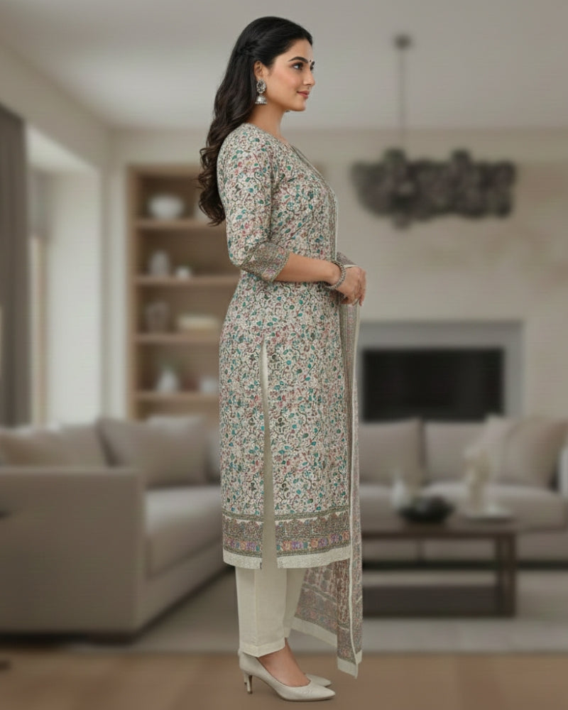 Paisley Printed Suit with Thread Embroidery- Cream II