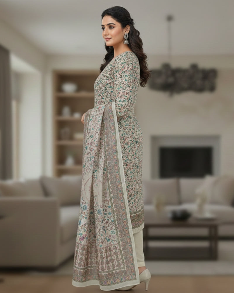 Paisley Printed Unstitched Suit with Thread Embroidery- Cream II