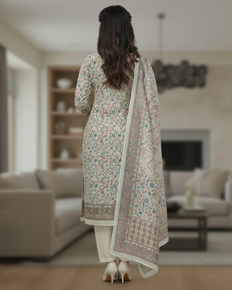 Paisley Printed Unstitched Suit with Thread Embroidery- Cream II