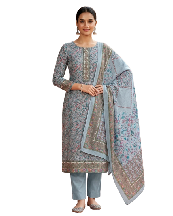 Paisley Printed Unstitched Suit with Thread Embroidery- GREY II
