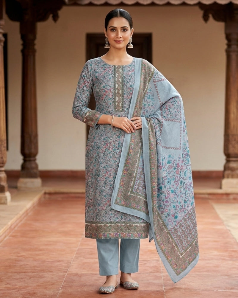 Paisley Printed Unstitched Suit with Thread Embroidery- GREY II
