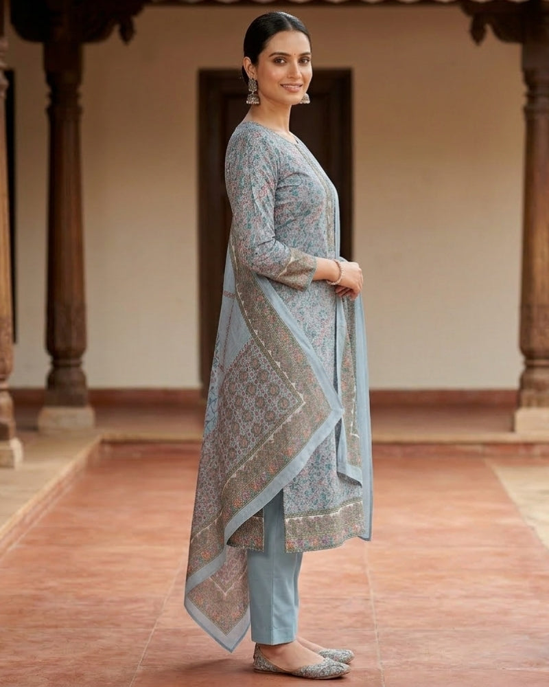 Paisley Printed Unstitched Suit with Thread Embroidery- GREY II