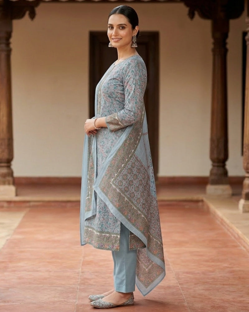 Paisley Printed Unstitched Suit with Thread Embroidery- GREY II