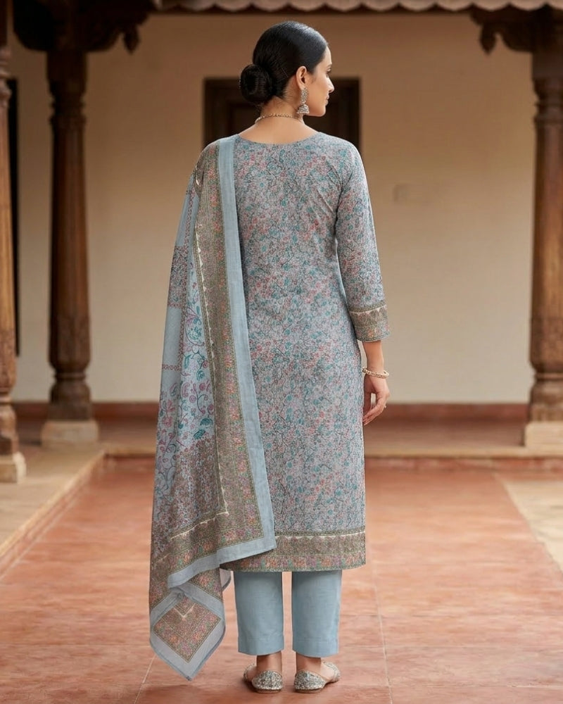 Paisley Printed Unstitched Suit with Thread Embroidery- GREY II