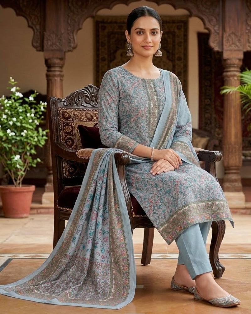 Paisley Printed Unstitched Suit with Thread Embroidery- GREY II