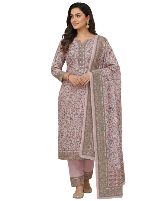 Paisley Printed Suit with Thread Embroidery- Pink II