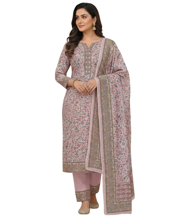 Paisley Printed Unstitched Suit with Thread Embroidery- Pink II