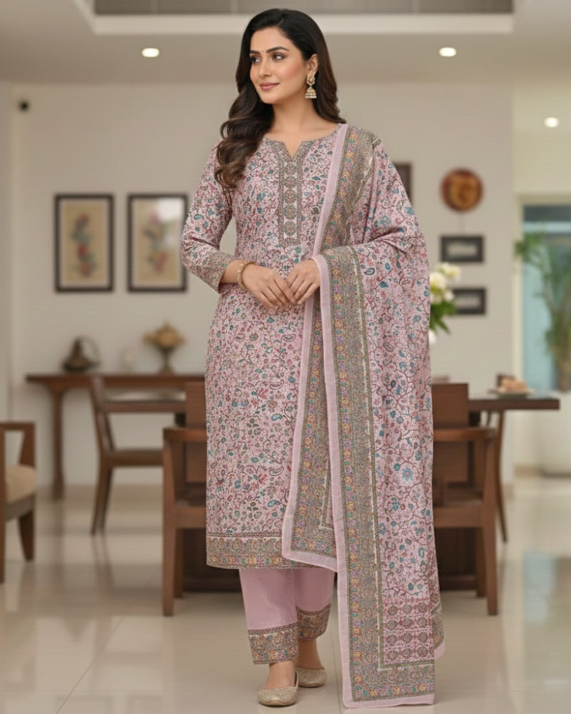 Paisley Printed Unstitched Suit with Thread Embroidery- Pink II