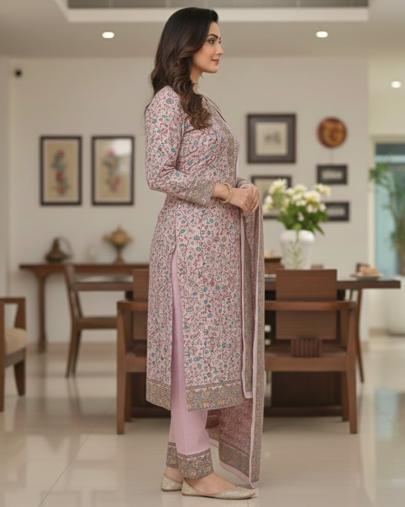 Paisley Printed Unstitched Suit with Thread Embroidery- Pink II