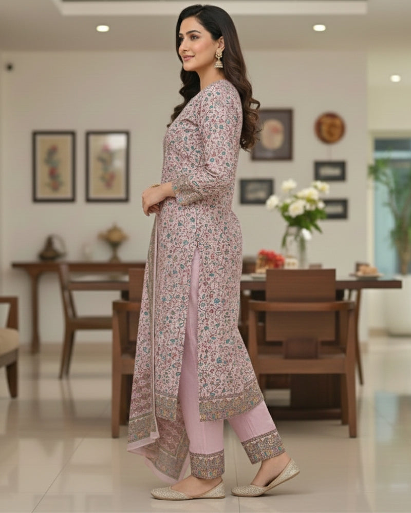 Paisley Printed Unstitched Suit with Thread Embroidery- Pink II