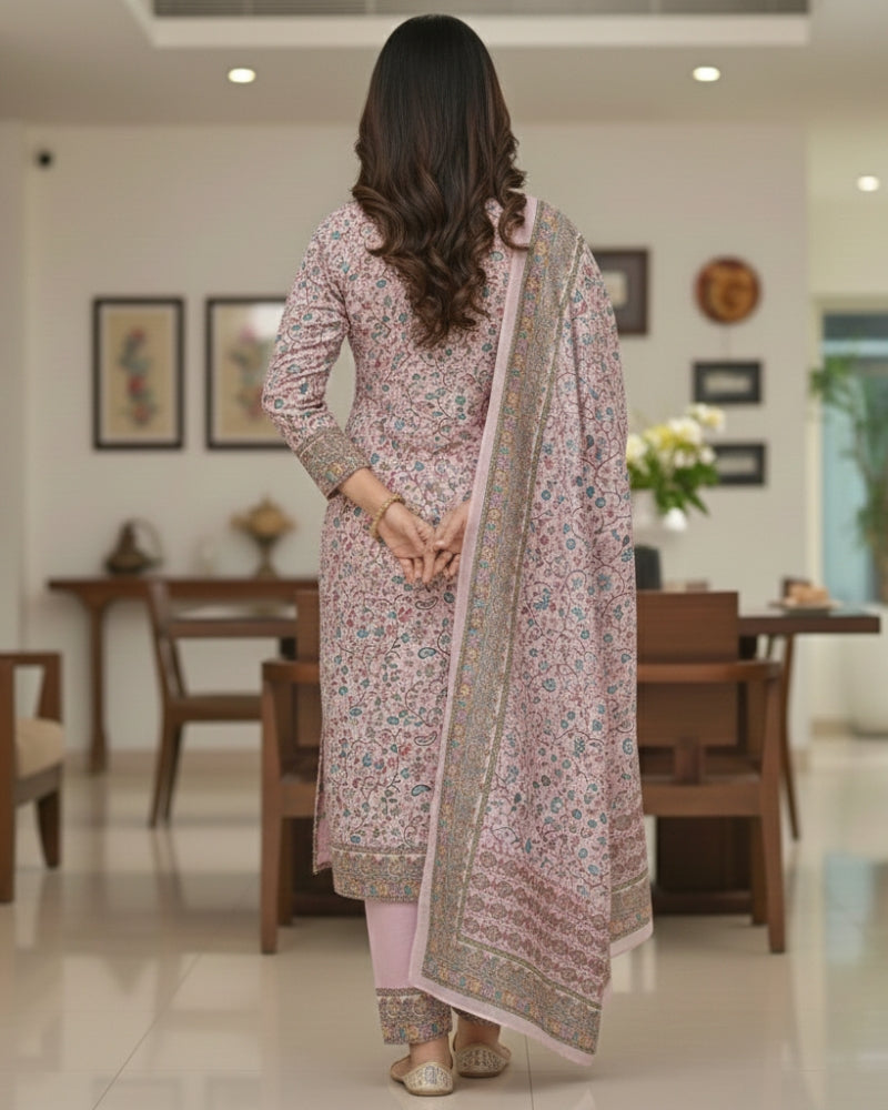 Paisley Printed Unstitched Suit with Thread Embroidery- Pink II