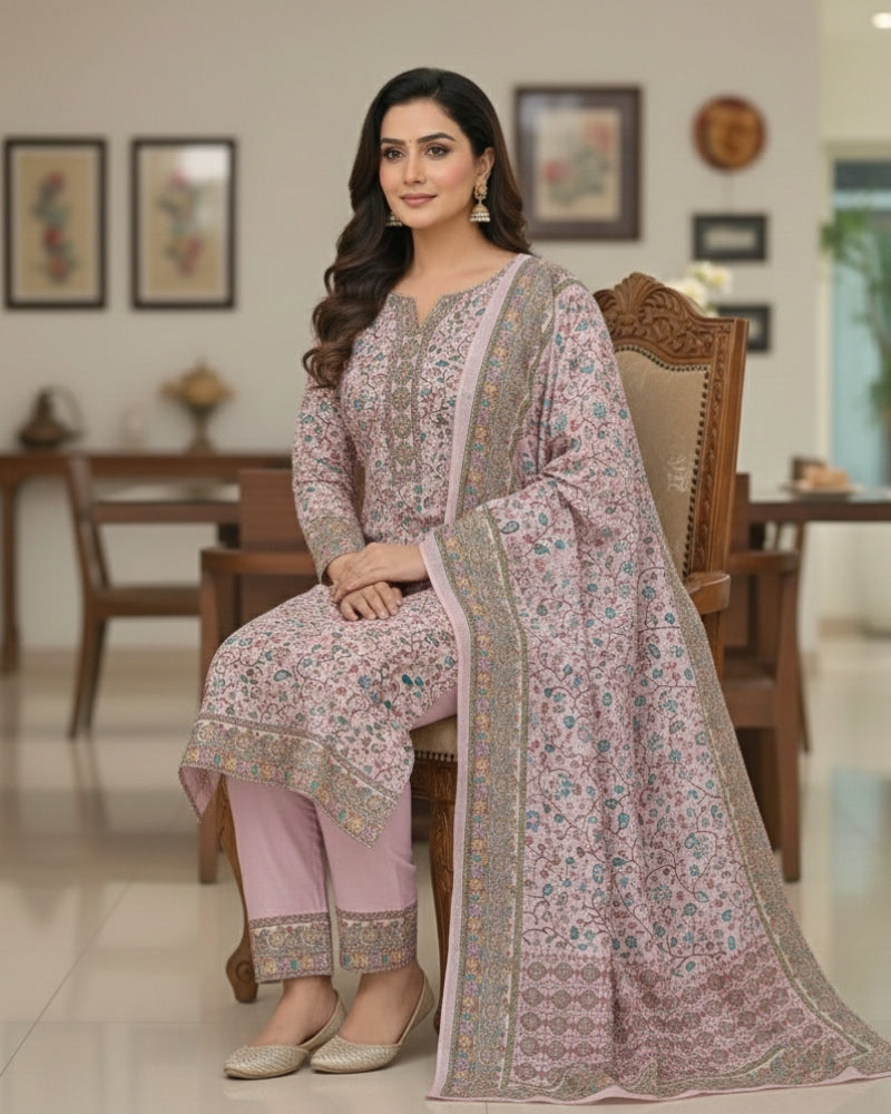 Paisley Printed Unstitched Suit with Thread Embroidery- Pink II