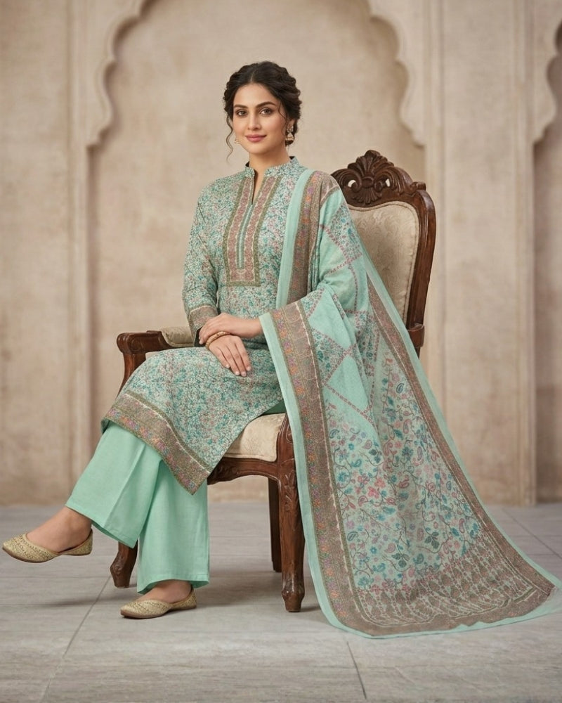 Paisley Printed Unstitched Suit with Thread Embroidery- PISTA II