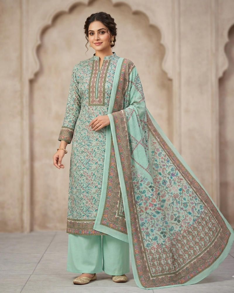 Paisley Printed Unstitched Suit with Thread Embroidery- PISTA II