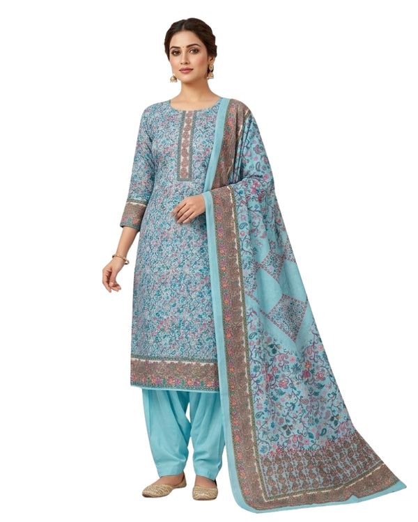 Paisley Printed Unstitched Suit with Thread Embroidery- Sky Blue II