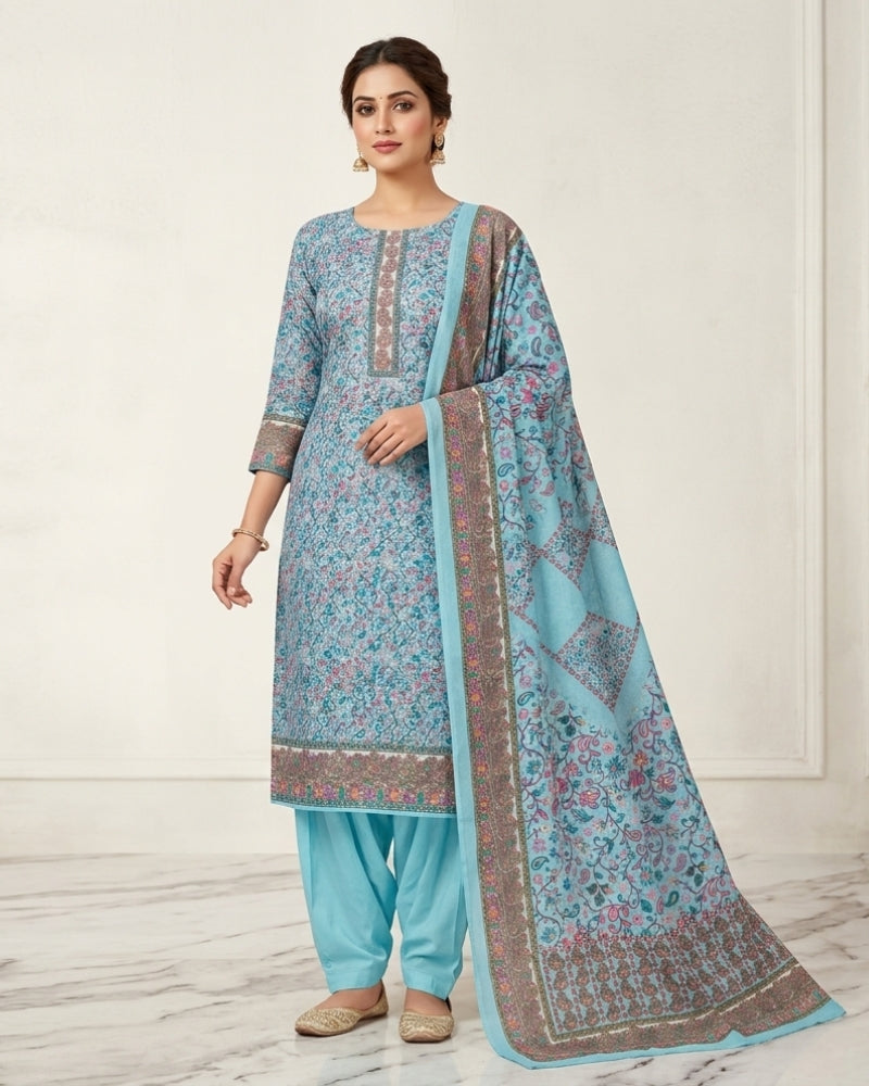 Paisley Printed Unstitched Suit with Thread Embroidery- Sky Blue II